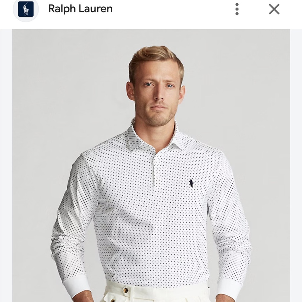 Ralph Lauren White Long-Sleeve Polo with Navy Dot Pattern